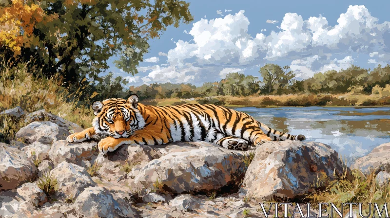 AI ART Tiger Resting on Rocks near Riverbank