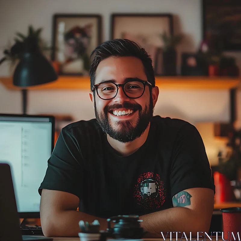 AI ART Happy Man with Glasses in Home Office