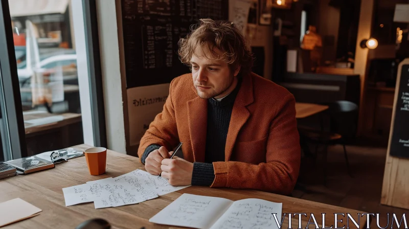 Thoughtful Man Writing in Cafe AI Image