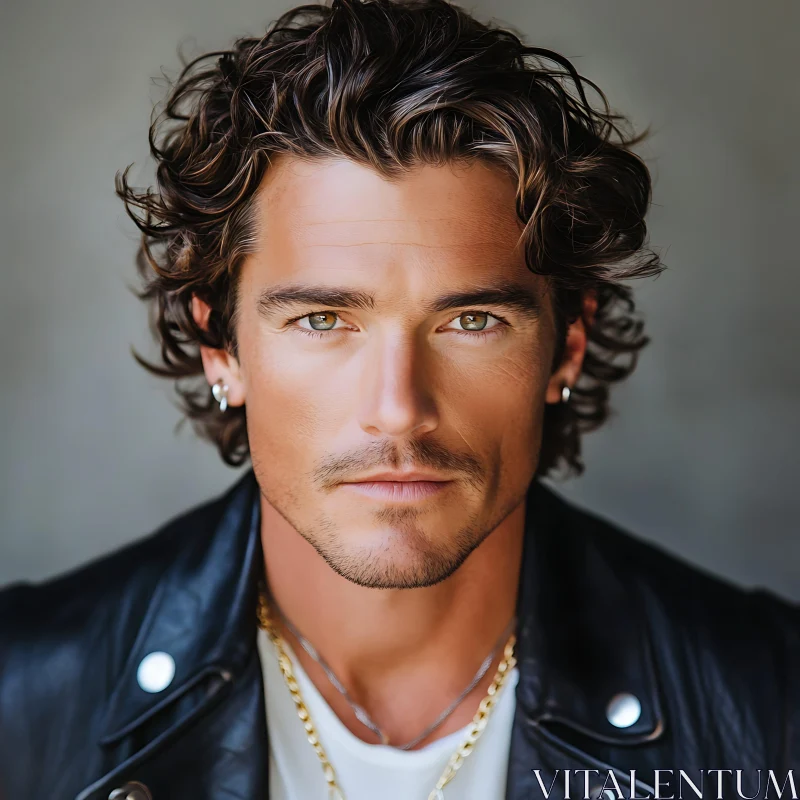 Man with Wavy Hair and Earrings in Black Leather Jacket AI Image