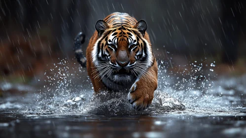 Majestic Tiger Charging in Rain