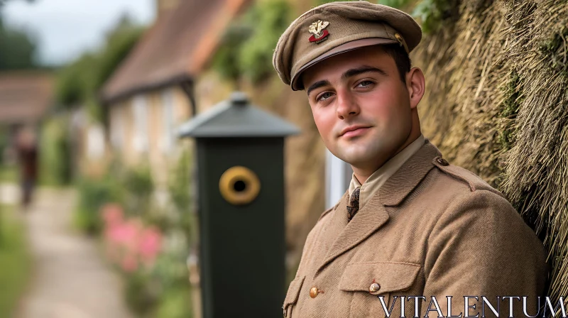 Vintage Soldier Portrait in Rural Setting AI Image