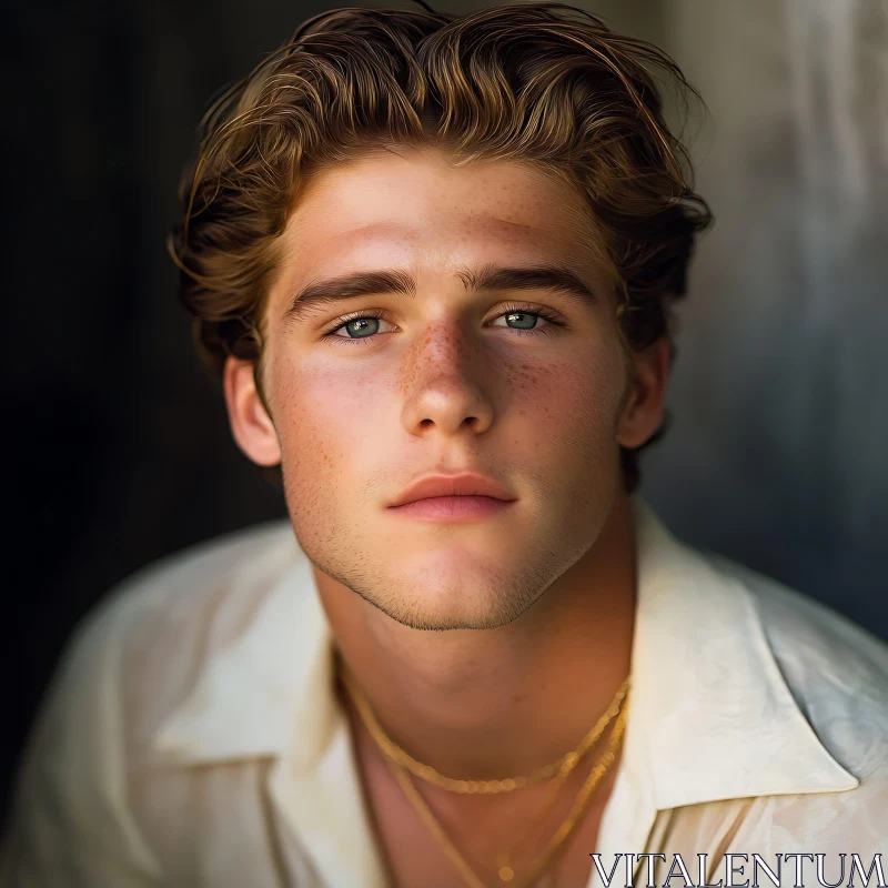 Close-Up Portrait of a Freckled Young Man AI Image