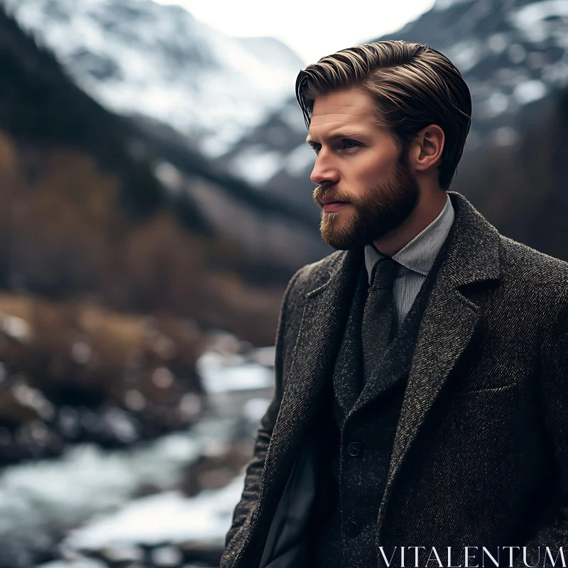 Bearded Man in Elegant Winter Attire AI Image