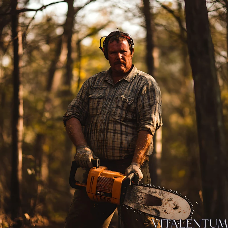 Lumberjack in Sunlit Forest AI Image