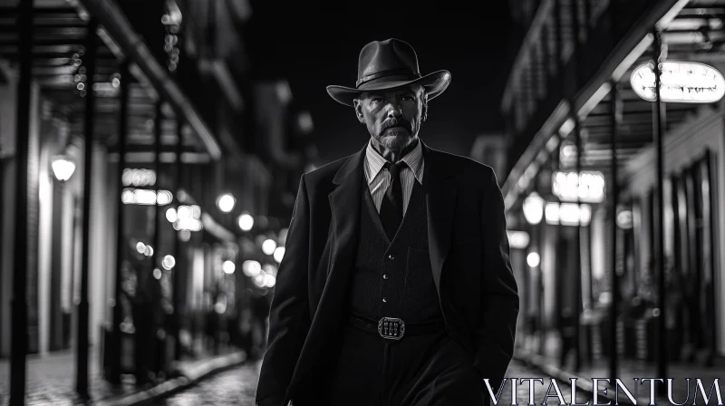 A Lone Cowboy Strolling on a City Street at Night AI Image