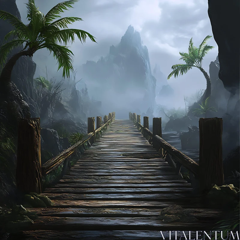 AI ART Mysterious Wooden Bridge Leading into Craggy Misty Mountains with Palm Trees