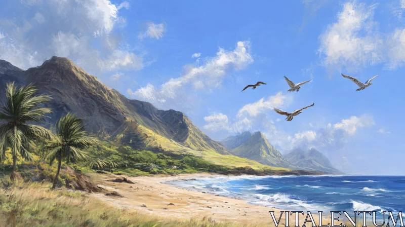 Serene Island Coast with Majestic Mountains and Birds AI Image