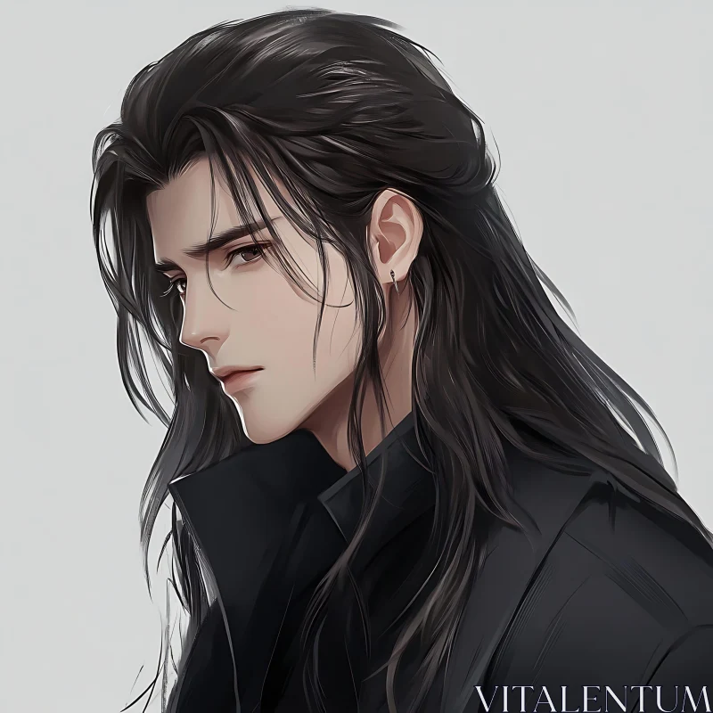 Anime Illustration of a Man with Flowing Hair and Pensive Look AI Image