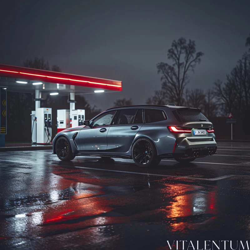 Sleek Vehicle at Night Gas Pump AI Image