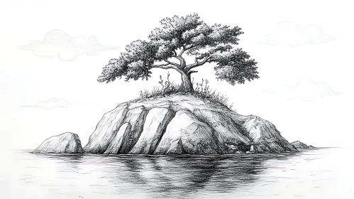 Serene Pen Sketch of Rocky Island with Tree