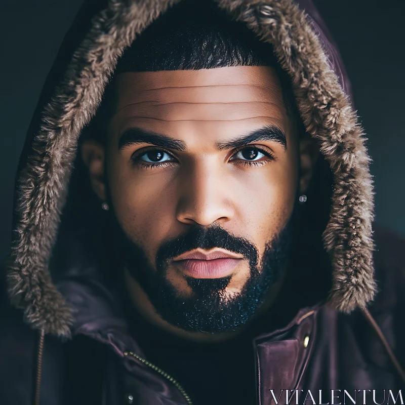 Man in Fur-Lined Hooded Jacket Close-Up AI Image