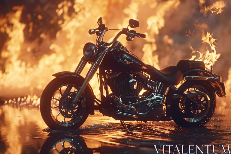 AI ART Fiery Motorcycle Scene with Reflective Ground