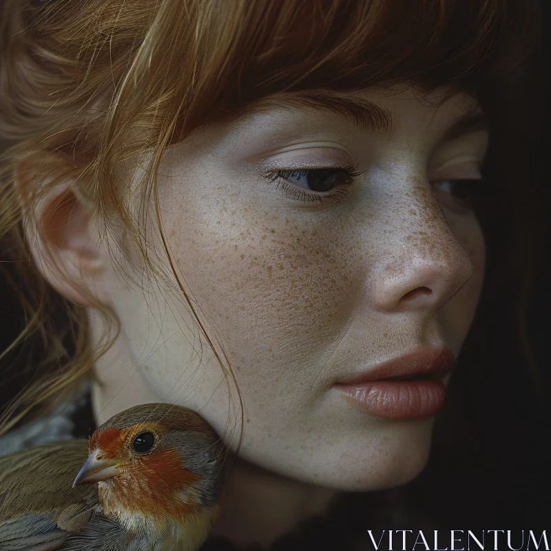 AI ART Redhead Woman and Bird Close-Up