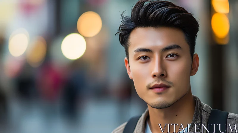 Stylish Close-Up of a Young Man in an Urban Setting AI Image