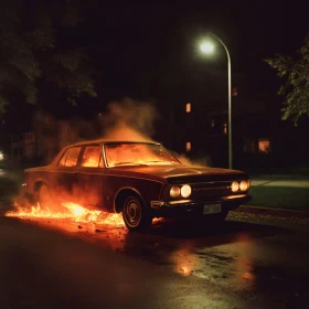 Burning Car Under Streetlight