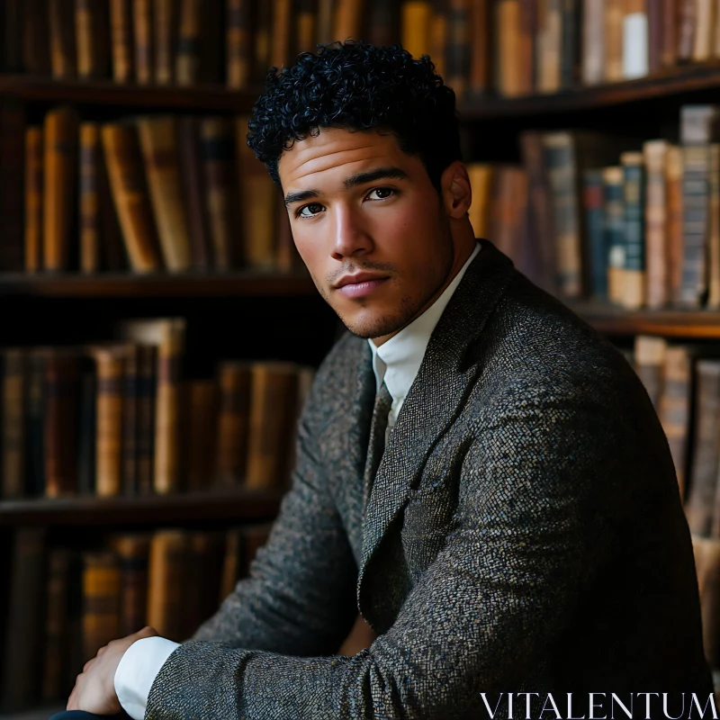 Thoughtful Man in Tweed Suit in Library AI Image