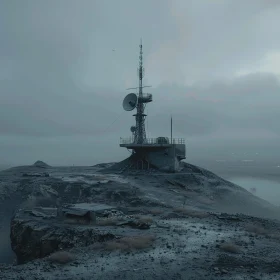 Desolate Antenna Amidst Fog and Rocky Terrain