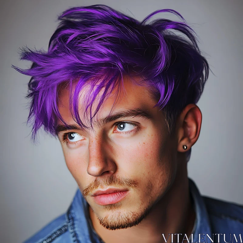 Fashionable Man with Purple Hair and Blue Eyes AI Image