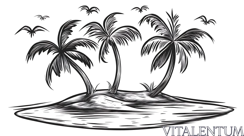 Black and White Island Illustration AI Image