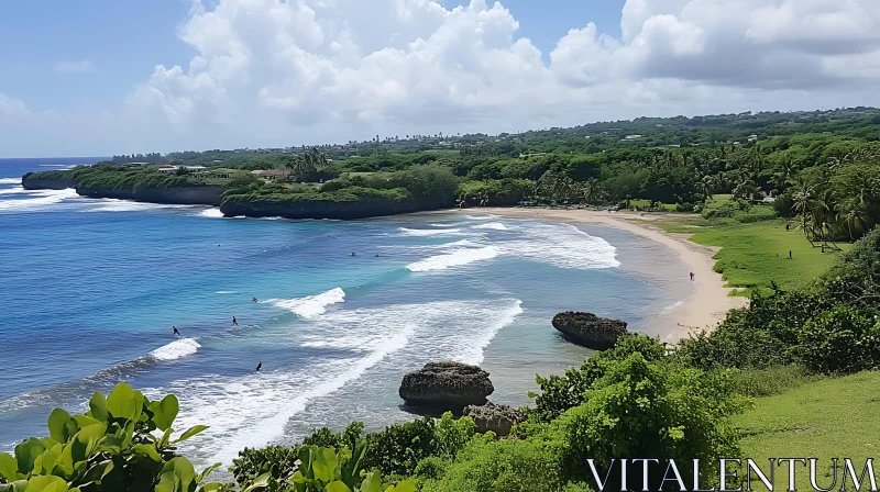 Idyllic Beach with Surfers and Verdant Landscape AI Image