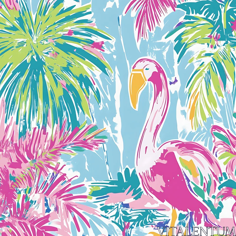 Vivid Flamingo and Palm Trees Art AI Image