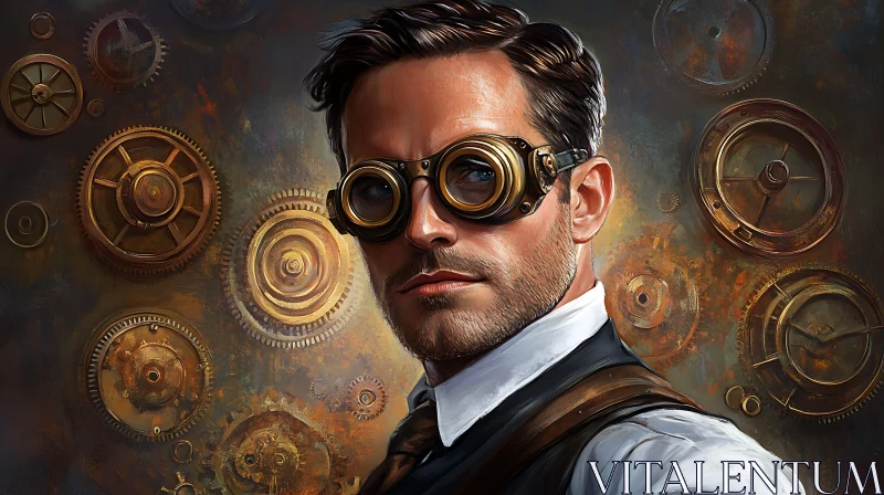 Gentleman in Steampunk Attire with Gears Backdrop AI Image