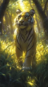 Sunlit Forest with a Majestic Tiger