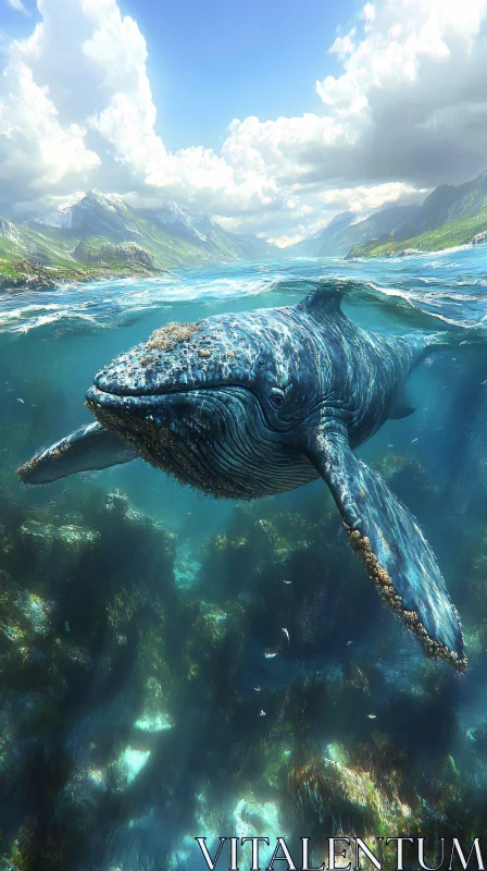 Whale Swimming Amidst Ocean and Mountains AI Image