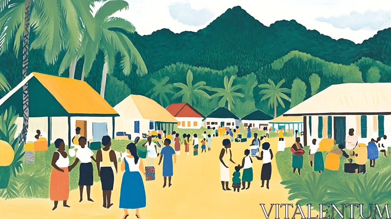 Colorful Community Gathering in a Tropical Village AI Image