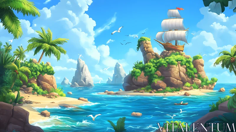 Serene Island Escape with Sailing Ship and Vibrant Nature AI Image