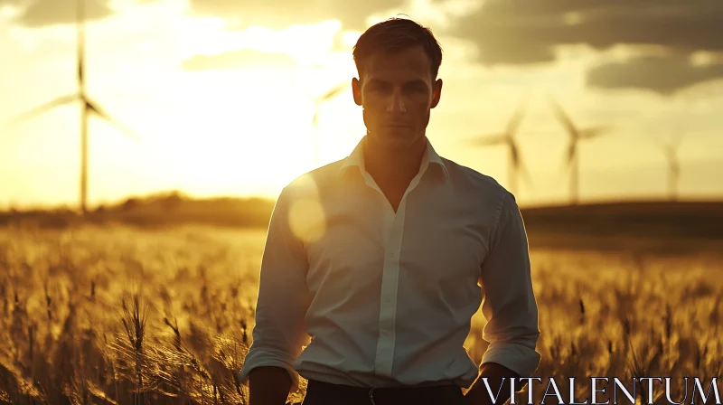 Sunset Scene with Wheat Field, Man, and Windmills AI Image