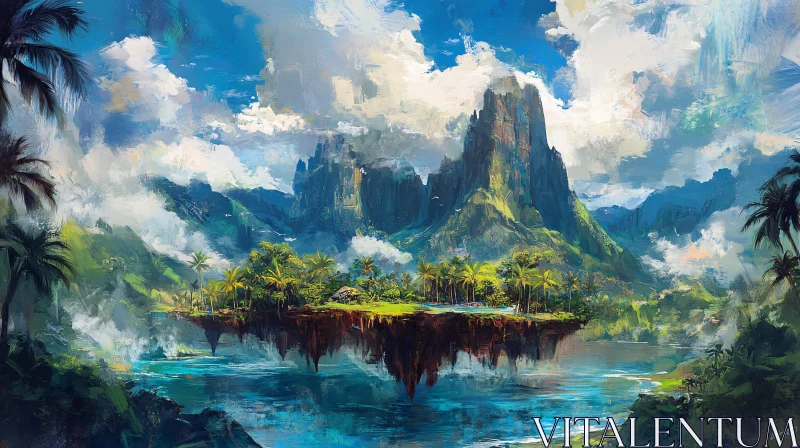 AI ART Tranquil Island Landscape with Palm Trees and Mountain Peaks