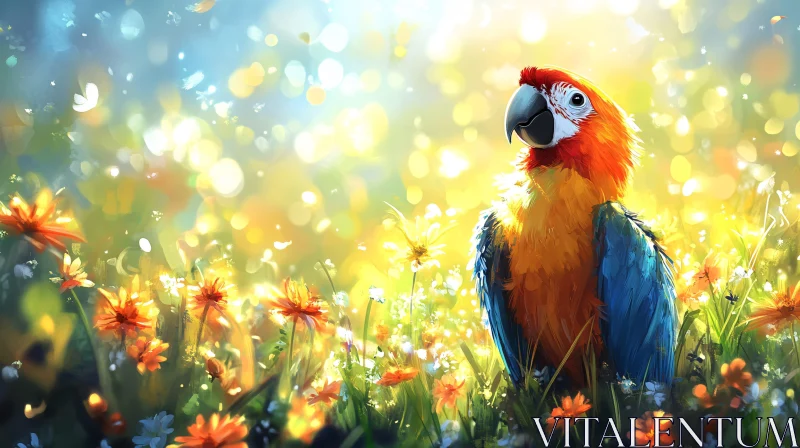 Parrot Among Wildflowers AI Image