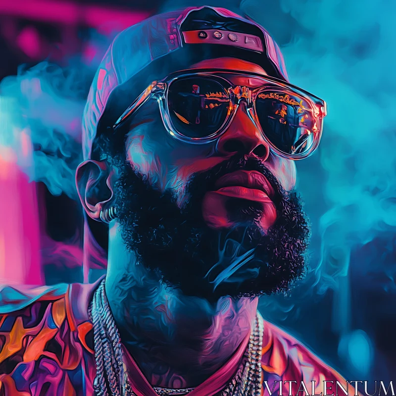 Vibrant Neon Man Portrait with Smoke and Glasses AI Image