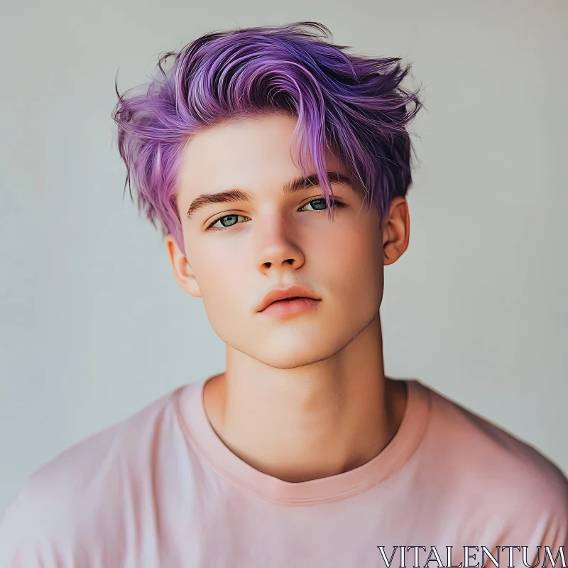 Vivid Portrait of a Young Man with Stylish Purple Hair AI Image