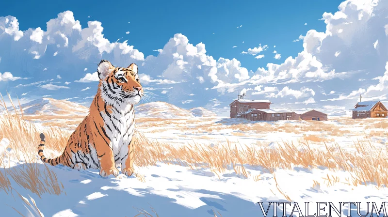 Tiger in Snow with Cabins AI Image