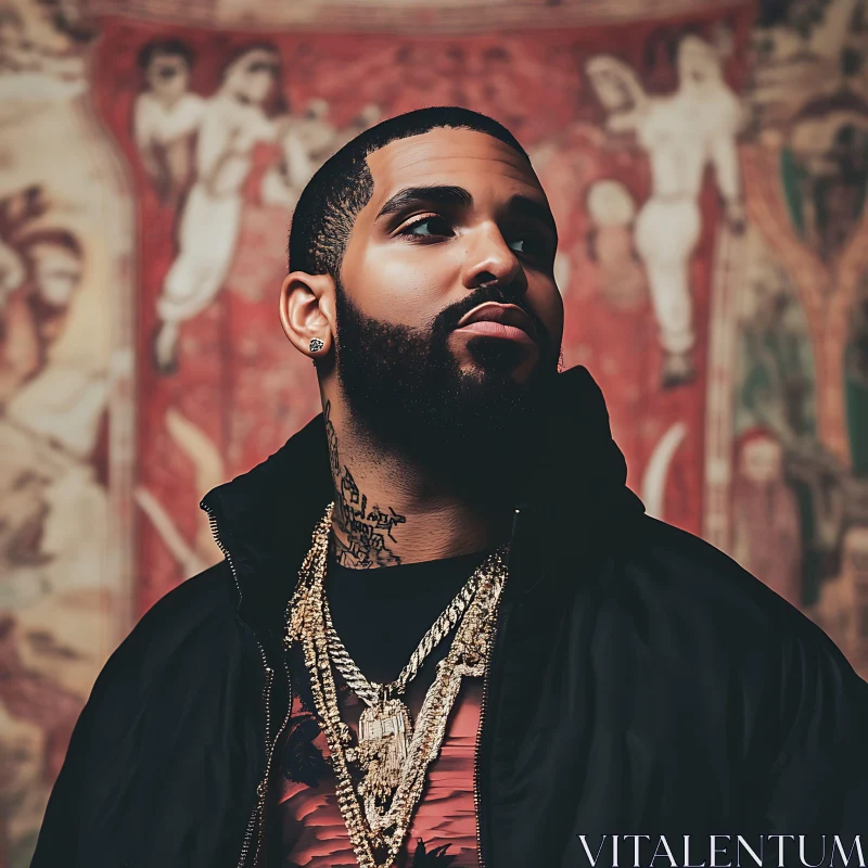 Portrait of a Man with Gold Chains and Tattooed Neck AI Image