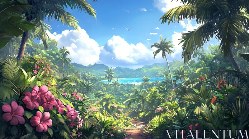 Scenic Pathway Through Tropical Flora to the Sea AI Image