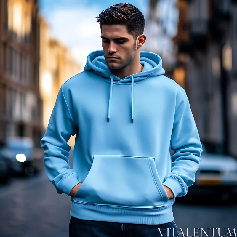 Urban Fashion Portrait of a Man in Blue Hoodie AI Image