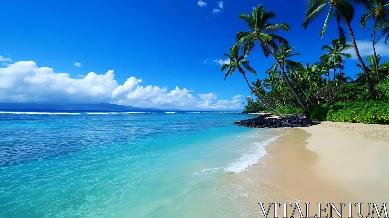 Picturesque Beach Scene with Palm Trees and Clear Sky AI Image