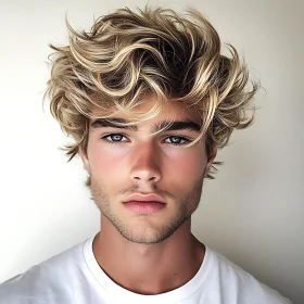 Striking Blonde Curly-Haired Youth in a White Shirt