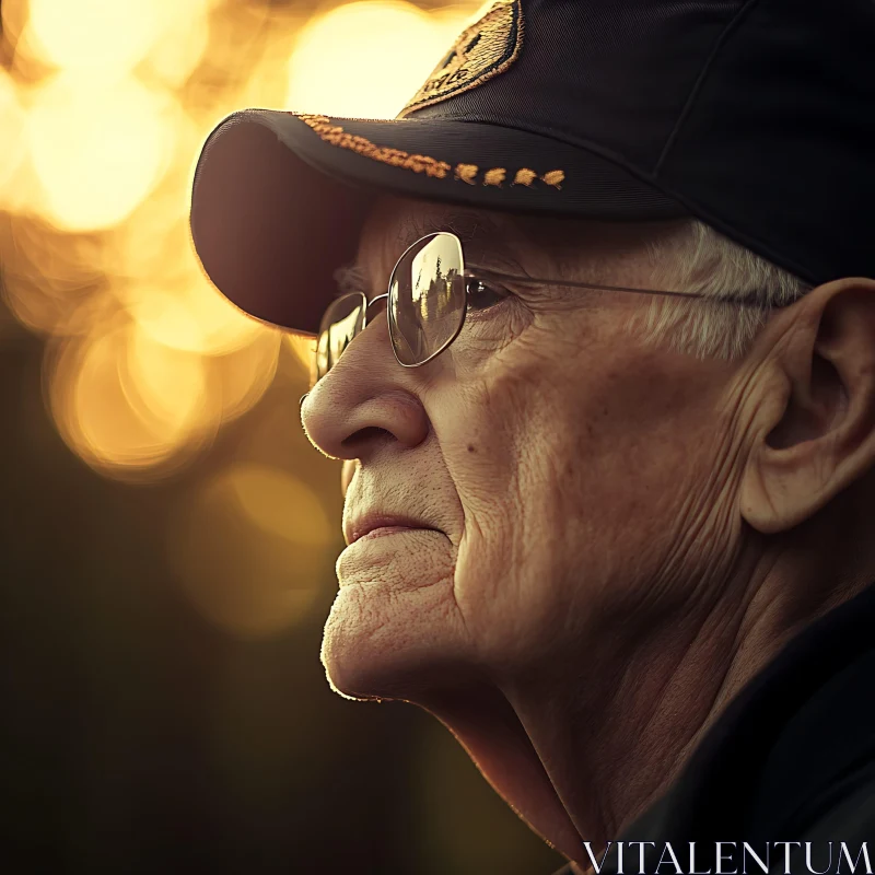 Elderly Veteran with Sunset Bokeh AI Image