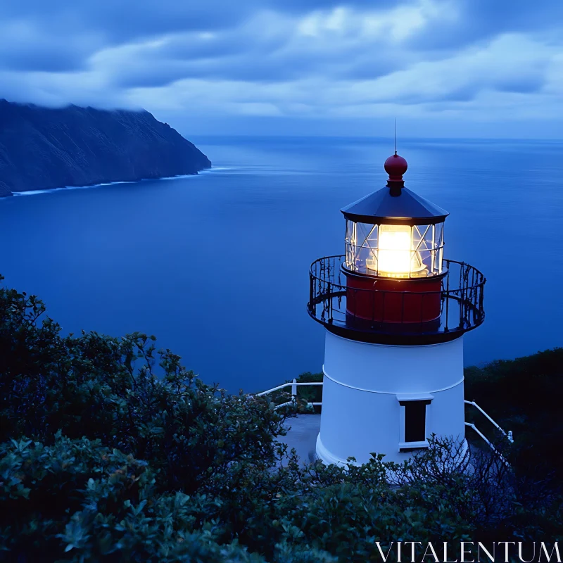 Nighttime Coastal Lighthouse Scene AI Image