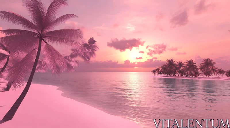 Pink Sunset Over a Tranquil Island Beach AI Image