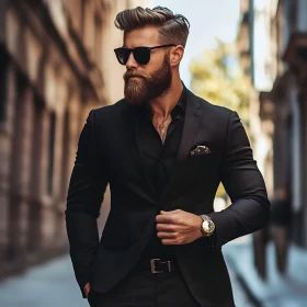 Elegant Man with Beard and Sunglasses in Cityscape