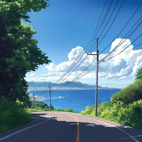 Hillside Road Overlooking the Sea and Mountains