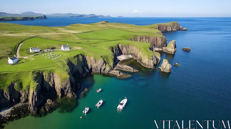 Island Green Cliffs and Blue Ocean from Above AI Image