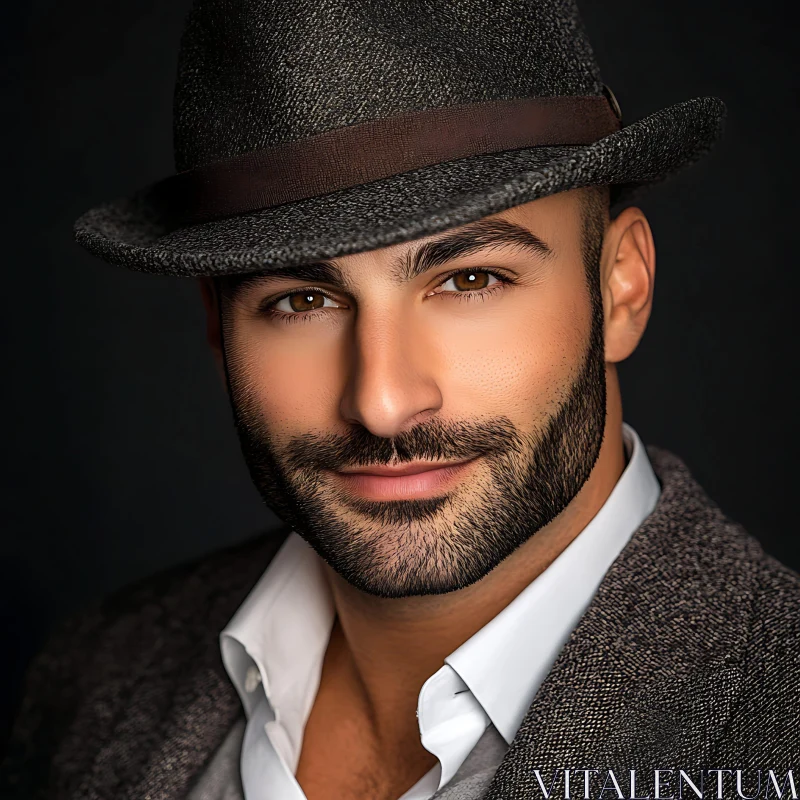 Man with a Groomed Beard in Gray Hat and Suit AI Image