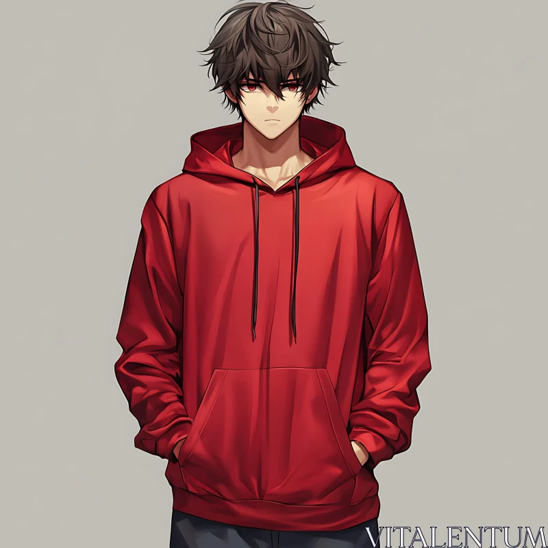 Casual Red-Hooded Anime Character AI Image